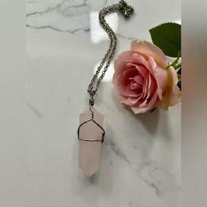 Natural Rose Quartz Pendant Necklace Pink Crystal Healing Silver Tone Chain
